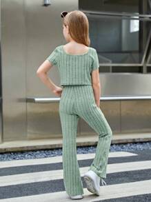 SHEIN Tween Girl Solid Color Casual 2pcs/Set Outfit, Including Square Neck T-Shirt And Flared Leg Pants - Mint Green - View 2