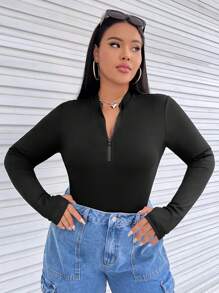 SHEIN EZwear Bộ đồ liền thân Plus Half Zip màu đen, cho mùa đông - màu đen - Xem 1