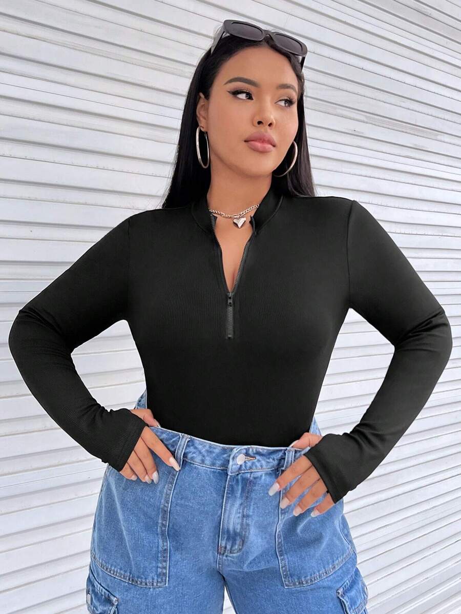 SHEIN EZwear Bộ đồ liền thân Plus Half Zip màu đen, cho mùa đông - màu đen - Xem 1