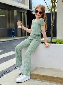 SHEIN Tween Girl Solid Color Casual 2pcs/Set Outfit, Including Square Neck T-Shirt And Flared Leg Pants - Mint Green - View 3