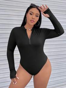 SHEIN EZwear Bộ đồ liền thân Plus Half Zip màu đen, cho mùa đông - màu đen - Xem 3