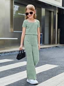 SHEIN Tween Girl Solid Color Casual 2pcs/Set Outfit, Including Square Neck T-Shirt And Flared Leg Pants - Mint Green - View 4