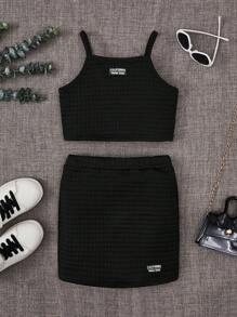 SHEIN 女大童字母補丁細節吊帶上衣和半身裙 - 黑色 - 查看 1