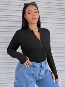 SHEIN EZwear Bộ đồ liền thân Plus Half Zip màu đen, cho mùa đông - màu đen - Xem 5