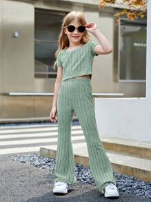 SHEIN Tween Girl Solid Color Casual 2pcs/Set Outfit, Including Square Neck T-Shirt And Flared Leg Pants - Mint Green - View 5