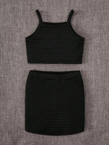 SHEIN 女大童字母補丁細節吊帶上衣和半身裙 - 黑色 - 查看 2