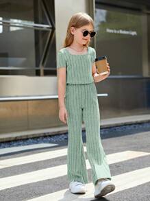 SHEIN Tween Girl Solid Color Casual 2pcs/Set Outfit, Including Square Neck T-Shirt And Flared Leg Pants - Mint Green - View 6
