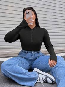 SHEIN EZwear Bộ đồ liền thân Plus Half Zip màu đen, cho mùa đông - màu đen - Xem 6