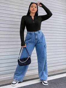 SHEIN EZwear Bộ đồ liền thân Plus Half Zip màu đen, cho mùa đông - màu đen - Xem 7