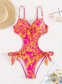 SHEIN Swim Tropical Print Cut Out Tie Side One Piece Swimsuit,Summer Beach