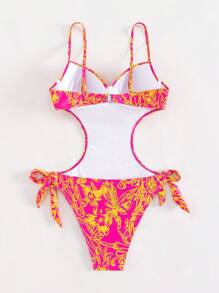 SHEIN Swim Tropical Print Cut Out Tie Side One Piece Swimsuit,Summer Beach