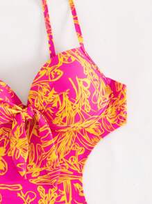 SHEIN Swim Tropical Print Cut Out Tie Side One Piece Swimsuit,Summer Beach