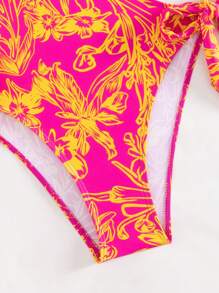 SHEIN Swim Tropical Print Cut Out Tie Side One Piece Swimsuit,Summer Beach