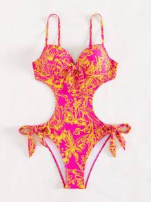 SHEIN Swim Tropical Print Cut Out Tie Side One Piece Swimsuit,Summer Beach