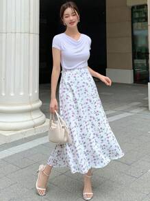 DAZY Floral Print High Waist Skirt,Ruffle - Purple - View 3