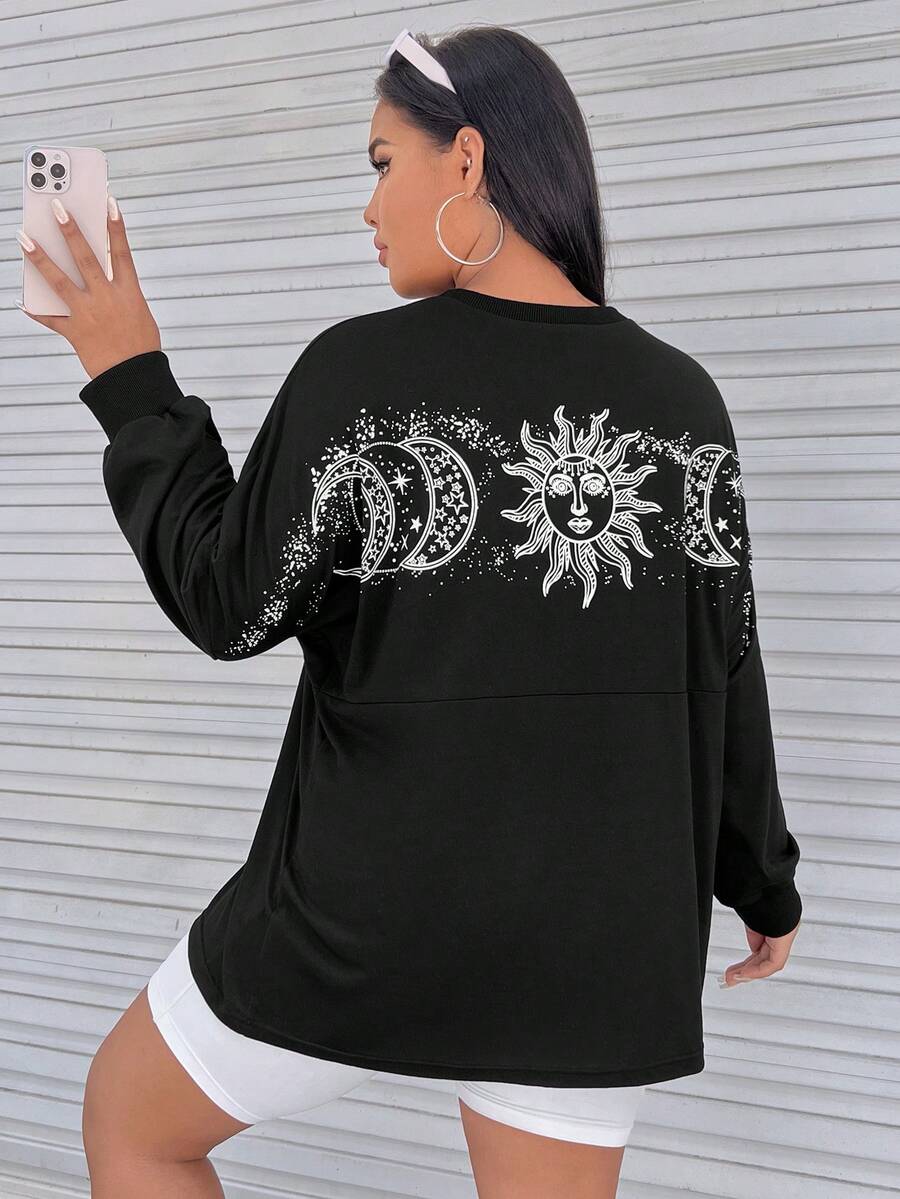 SHEIN EZwear 大碼日月圖案落肩T恤 - 黑色 - 查看 1