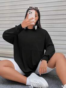 SHEIN EZwear 大碼日月圖案落肩T恤 - 黑色 - 查看 2