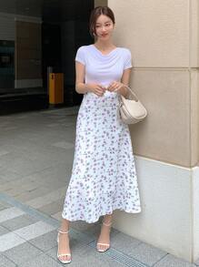 DAZY Floral Print High Waist Skirt,Ruffle - Purple - View 4