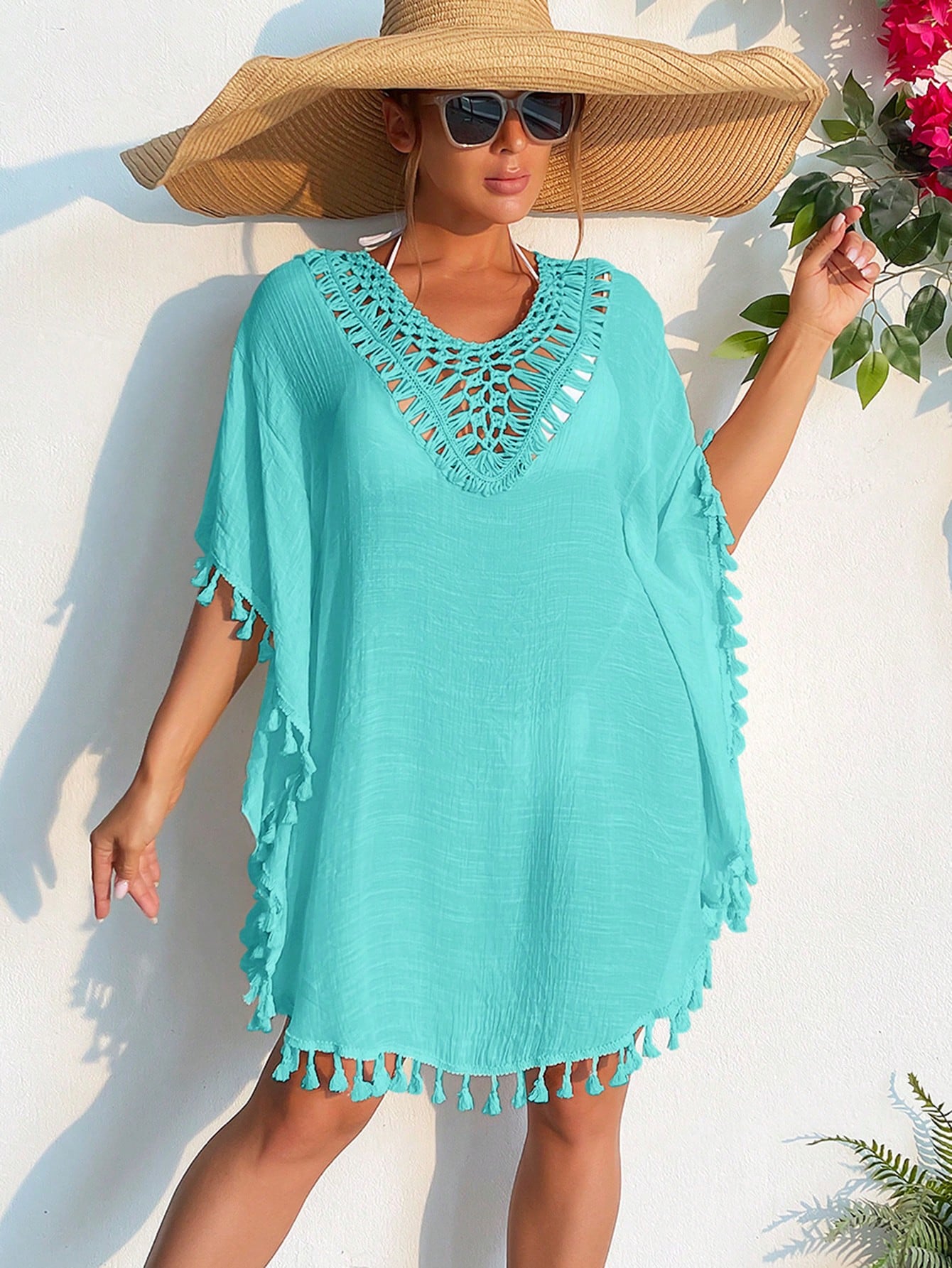 SHEIN Swim BohoFeel Hollow Out Tassel Trim Batwing Sleeve Cover Up Dress SHEIN USA