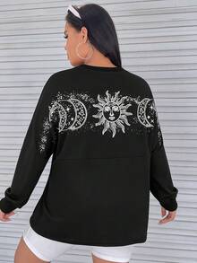 SHEIN EZwear 大碼日月圖案落肩T恤 - 黑色 - 查看 3