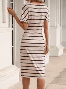 SHEIN LUNE Striped Print Twist Front Split Thigh Dress - Apricot - View 2