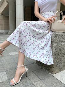 DAZY Floral Print High Waist Skirt,Ruffle - Purple - View 7