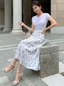 DAZY Floral Print High Waist Skirt,Ruffle - Purple - View 9