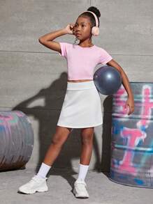 SHEIN Chica preadolescente Skort bolsillo de celular 2 en 1 Activo - Blanco - Ver 4