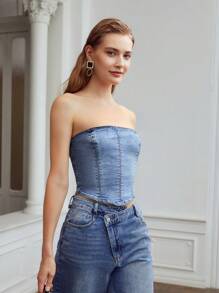 MOTF PREMIUM ZIPPER BACK DENIM TUBE TOP - Light Wash - View 4