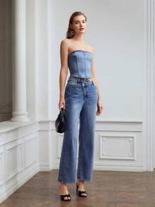 MOTF PREMIUM ZIPPER BACK DENIM TUBE TOP - Light Wash - View 3