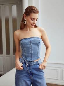 MOTF PREMIUM ZIPPER BACK DENIM TUBE TOP - Light Wash - View 5