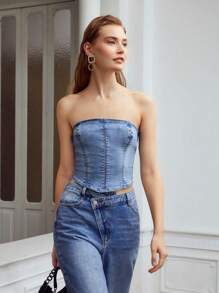 MOTF PREMIUM ZIPPER BACK DENIM TUBE TOP - Light Wash - View 9