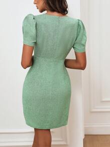 Chiquease Sweetheart Neck Puff Sleeve Button Front Dress - Green - View 2