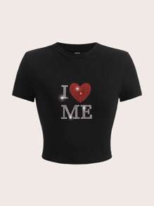 Muchica Camiseta de manga corta de mujer con cuello redondo, decoración de strass, eslogan y estampado de letras, de estilo minimalista casual, adecuada para el verano