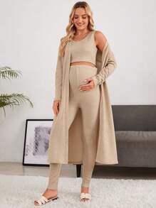 SHEIN Maternity Solid Tank Top & Leggings Set With Coat - Khaki - View 3