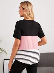 SHEIN Maternity Striped Print Patched Pocket Nursing Tee - Multicolor - View 2