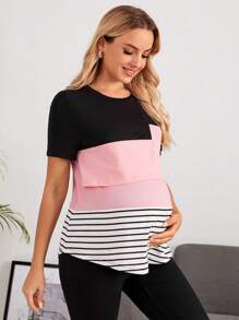 SHEIN Maternity Striped Print Patched Pocket Nursing Tee - Multicolor - View 4