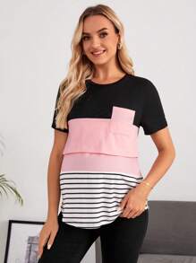 SHEIN Maternity Striped Print Patched Pocket Nursing Tee - Multicolor - View 6