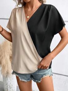 SHEIN Clasi Two Tone Batwing Sleeve Blouse - Black - View 1