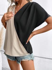 SHEIN Clasi Two Tone Batwing Sleeve Blouse - Black - View 3