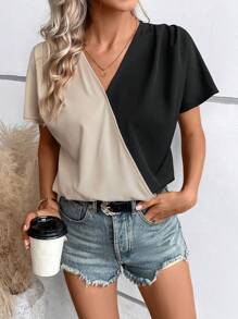 SHEIN Clasi Two Tone Batwing Sleeve Blouse - Black - View 5