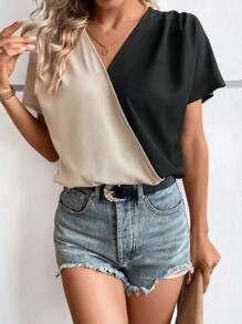 SHEIN Clasi Two Tone Batwing Sleeve Blouse - Black - View 6