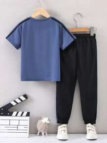 SHEIN 男小童鹿角圖案拼接側邊接縫T恤和運動褲 - 彩色 - 查看 2