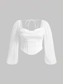 SHEIN MOD Plus Draped Collar Lantern Sleeve Bandana Hem Crop Top,Sheer - White - View 1