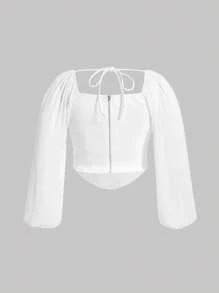 SHEIN MOD Plus Draped Collar Lantern Sleeve Bandana Hem Crop Top,Sheer - White - View 2