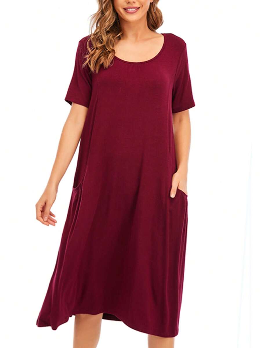 素色側口袋T恤洋裝 - 酒紅色 - 查看 1