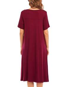 素色側口袋T恤洋裝 - 酒紅色 - 查看 2