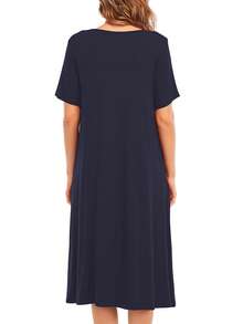 Solid Pocket Detail Tee Dress - Navy Blue - View 2