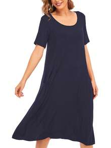 Solid Pocket Detail Tee Dress - Navy Blue - View 3