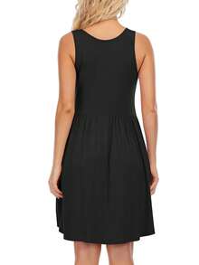 Solid Scoop Neck A-line Dress - Black - View 2